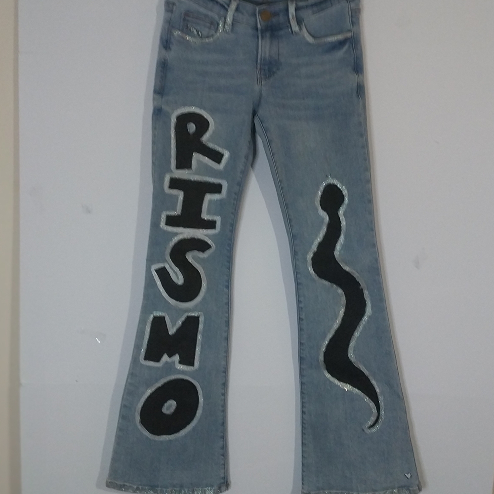 Trendy Light Blue Flare Jeans with Black Graphic